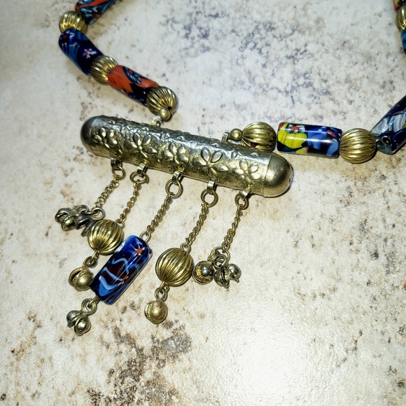 Vintage Boho Statement Necklace - Brass & Millefiori Glass Beads - Picture 2 of 6